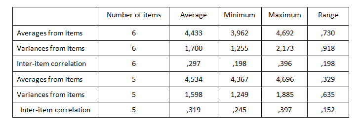 Table 3.  Item summary statistics - before and after the removal of the variable “buying new things spoils my mood”