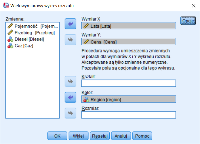 Rysunek 3. Kreator Wielowymiarowego wykresu rozrzutu